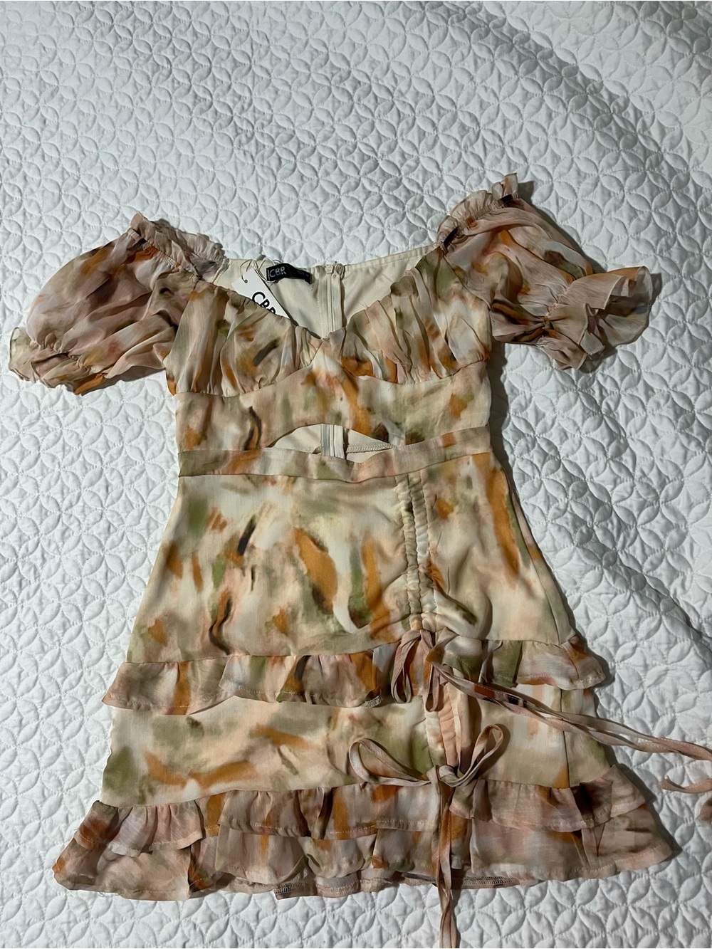 C/MEO Collective Watercolor Ruffle Mini Dress in Peach & Olive